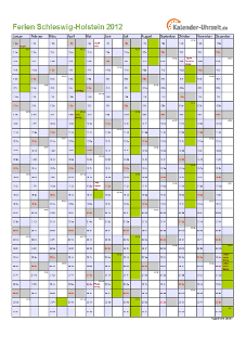 Ferienkalender 2012 für Schleswig-Holstein - A4 hoch-einseitig