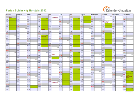 Ferien 2012 Schleswig-Holstein im Kalender - A4 quer-einseitig Ferienkalender 2012 für Schleswig-Holstein - A4 quer-einseitig