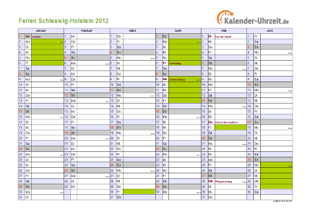 Ferienkalender 2012 für Schleswig-Holstein - A4 quer-zweiseitig