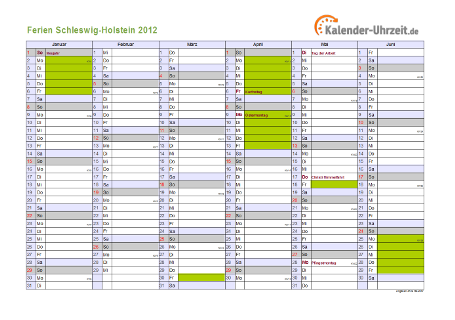 Ferien 2012 Schleswig-Holstein im Kalender - A4 quer-zweiseitig Ferienkalender 2012 für Schleswig-Holstein - A4 quer-zweiseitig