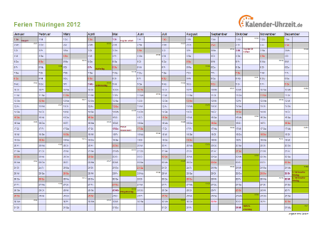 Ferienkalender 2012 für Thüringen - A4 quer-einseitig