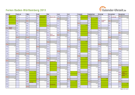 Ferienkalender 2013 für Baden-Württemberg - A4 quer-einseitig