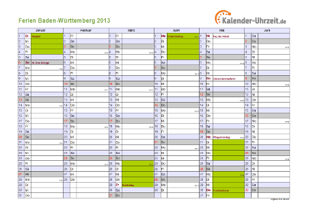 Ferienkalender 2013 für Baden-Württemberg - A4 quer-zweiseitig