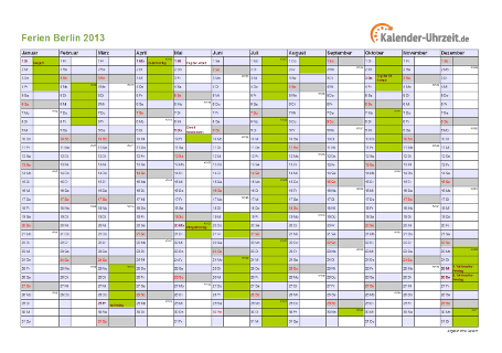 Ferien 2013 Berlin im Kalender - A4 quer-einseitig Ferienkalender 2013 für Berlin - A4 quer-einseitig