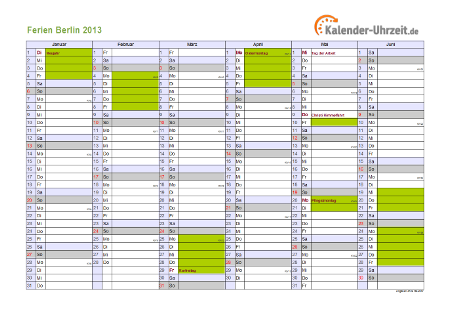 Ferienkalender 2013 für Berlin - A4 quer-zweiseitig