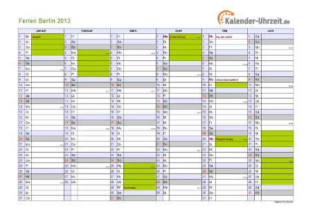 Ferien 2013 Berlin im Kalender - A4 quer-zweiseitig Ferienkalender 2013 für Berlin - A4 quer-zweiseitig