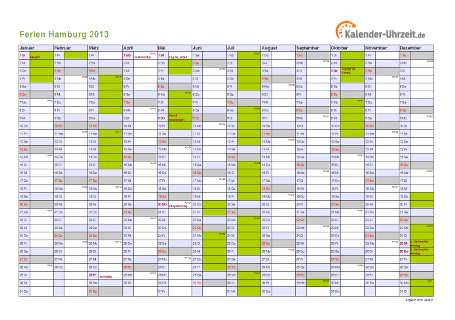 Ferienkalender 2013 für Hamburg - A4 quer-einseitig