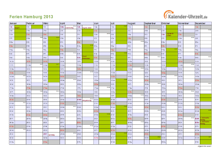 Ferien 2013 Hamburg im Kalender - A4 quer-einseitig Ferienkalender 2013 für Hamburg - A4 quer-einseitig