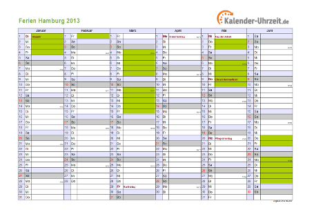 Ferienkalender 2013 für Hamburg - A4 quer-zweiseitig