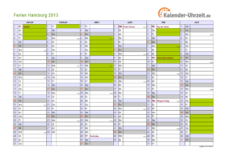 Ferien 2013 Hamburg im Kalender - A4 quer-zweiseitig Ferienkalender 2013 für Hamburg - A4 quer-zweiseitig