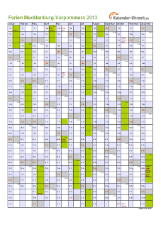 Ferienkalender 2013 für Meck.-Pomm. - A4 hoch-einseitig