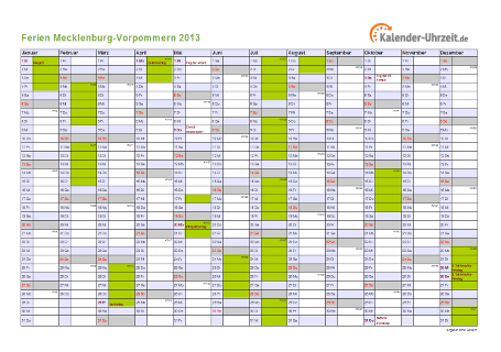 Ferienkalender 2013 für Meck.-Pomm. - A4 quer-einseitig