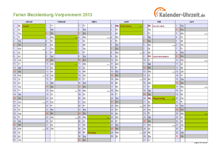 Ferienkalender 2013 für Meck.-Pomm. - A4 quer-zweiseitig