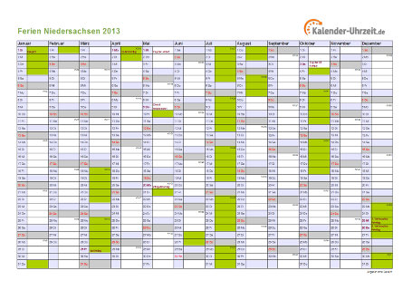 Ferien 2013 Niedersachsen im Kalender - A4 quer-einseitig Ferienkalender 2013 für Niedersachsen - A4 quer-einseitig