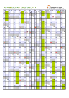 Ferien 2013 Nordrhein-Westfalen im Kalender - A4 hoch-einseitig Ferienkalender 2013 für Nordrhein-Westfalen - A4 hoch-einseitig