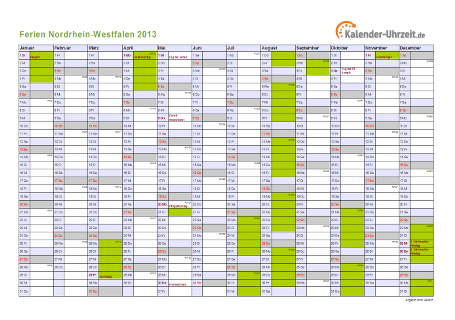 Ferienkalender 2013 für Nordrhein-Westfalen - A4 quer-einseitig