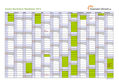 Ferien 2013 Nordrhein-Westfalen im Kalender - A4 quer-einseitig Ferienkalender 2013 für Nordrhein-Westfalen - A4 quer-einseitig