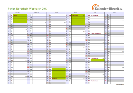 Ferien 2013 Nordrhein-Westfalen im Kalender - A4 quer-zweiseitig Ferienkalender 2013 für Nordrhein-Westfalen - A4 quer-zweiseitig