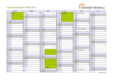 Ferienkalender 2013 für Rheinland-Pfalz - A4 quer-zweiseitig