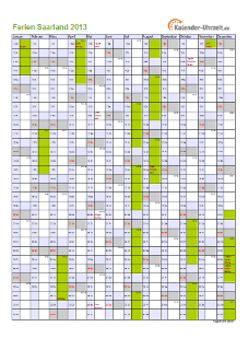 Ferienkalender 2013 für Saarland - A4 hoch-einseitig
