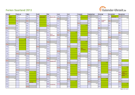 Ferienkalender 2013 für Saarland - A4 quer-einseitig