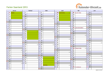 Ferienkalender 2013 für Saarland - A4 quer-zweiseitig