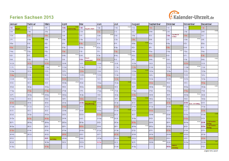 Ferien 2013 Sachsen im Kalender - A4 quer-einseitig Ferienkalender 2013 für Sachsen - A4 quer-einseitig
