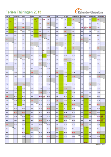 Ferienkalender 2013 für Thüringen - A4 hoch-einseitig
