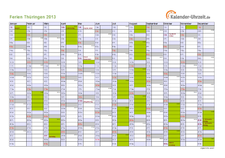 Ferien 2013 Thüringen im Kalender - A4 quer-einseitig Ferienkalender 2013 für Thüringen - A4 quer-einseitig