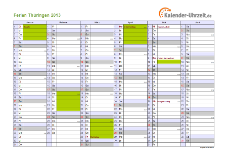 Ferien 2013 Thüringen im Kalender - A4 quer-zweiseitig Ferienkalender 2013 für Thüringen - A4 quer-zweiseitig