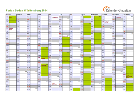 Ferienkalender 2014 für Baden-Württemberg - A4 quer-einseitig