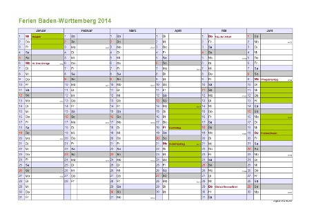 Ferienkalender 2014 für Baden-Württemberg - A4 quer-zweiseitig