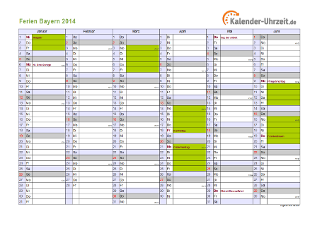 Ferienkalender 2014 für Bayern - A4 quer-zweiseitig