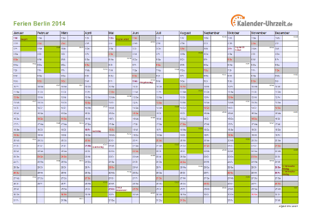 Ferien 2014 Berlin im Kalender - A4 quer-einseitig Ferienkalender 2014 für Berlin - A4 quer-einseitig