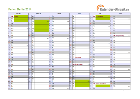 Ferienkalender 2014 für Berlin - A4 quer-zweiseitig