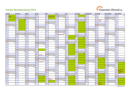 Ferien 2014 Brandenburg im Kalender - A4 quer-einseitig Ferienkalender 2014 für Brandenburg - A4 quer-einseitig