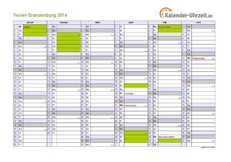 Ferienkalender 2014 für Brandenburg - A4 quer-zweiseitig