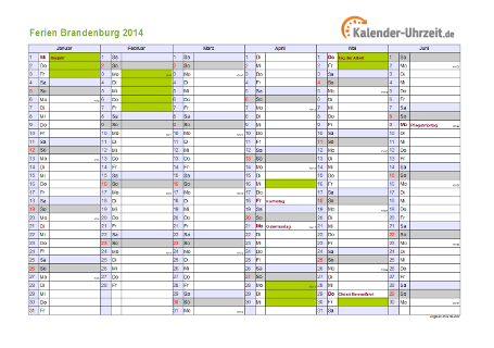 Ferien 2014 Brandenburg im Kalender - A4 quer-zweiseitig Ferienkalender 2014 für Brandenburg - A4 quer-zweiseitig