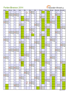 Ferienkalender 2014 für Bremen - A4 hoch-einseitig