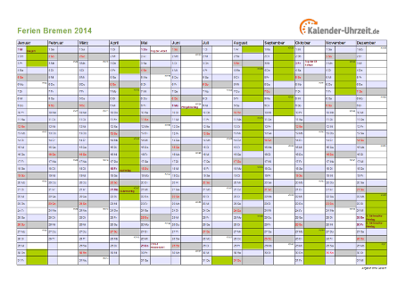 Ferienkalender 2014 für Bremen - A4 quer-einseitig