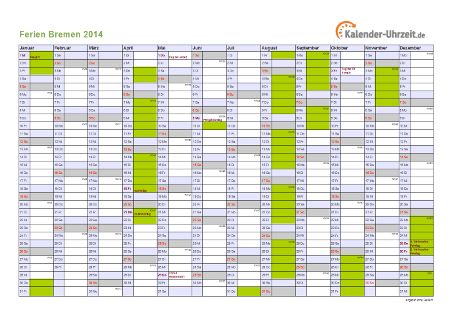 Ferien 2014 Bremen im Kalender - A4 quer-einseitig Ferienkalender 2014 für Bremen - A4 quer-einseitig