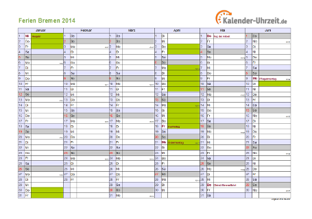 Ferien 2014 Bremen im Kalender - A4 quer-zweiseitig Ferienkalender 2014 für Bremen - A4 quer-zweiseitig