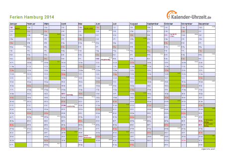 Ferienkalender 2014 für Hamburg - A4 quer-einseitig