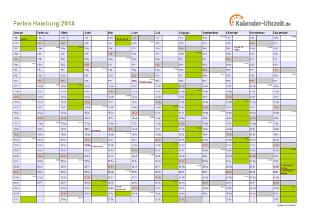 Ferien 2014 Hamburg im Kalender - A4 quer-einseitig Ferienkalender 2014 für Hamburg - A4 quer-einseitig