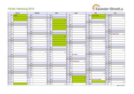 Ferien 2014 Hamburg im Kalender - A4 quer-zweiseitig Ferienkalender 2014 für Hamburg - A4 quer-zweiseitig