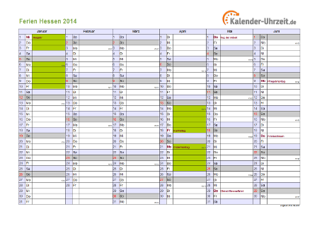 Ferienkalender 2014 für Hessen - A4 quer-zweiseitig