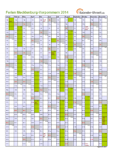 Ferienkalender 2014 für Meck.-Pomm. - A4 hoch-einseitig