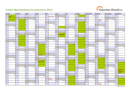 Ferienkalender 2014 für Meck.-Pomm. - A4 quer-einseitig