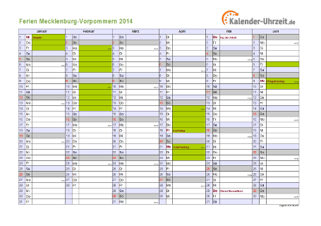 Ferienkalender 2014 für Meck.-Pomm. - A4 quer-zweiseitig