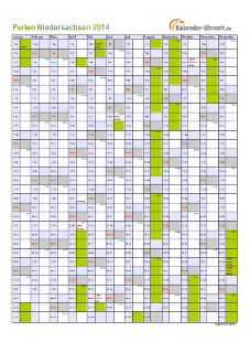 Ferienkalender 2014 für Niedersachsen - A4 hoch-einseitig